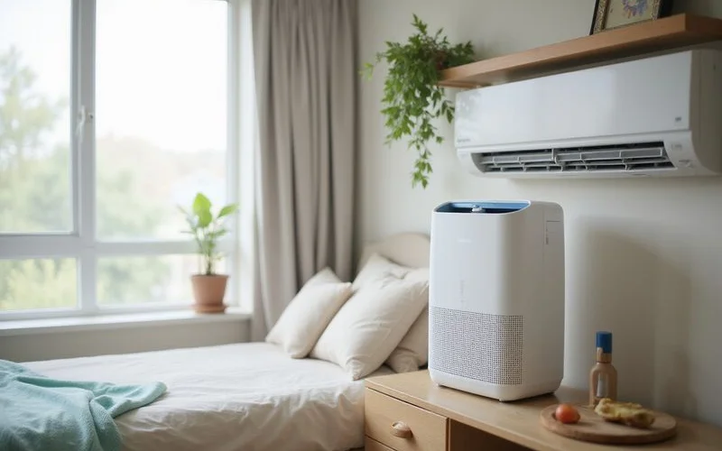 Air purifier and steam cleaned aircon unit together in a child bedroom soft natural lighting healthy air environment