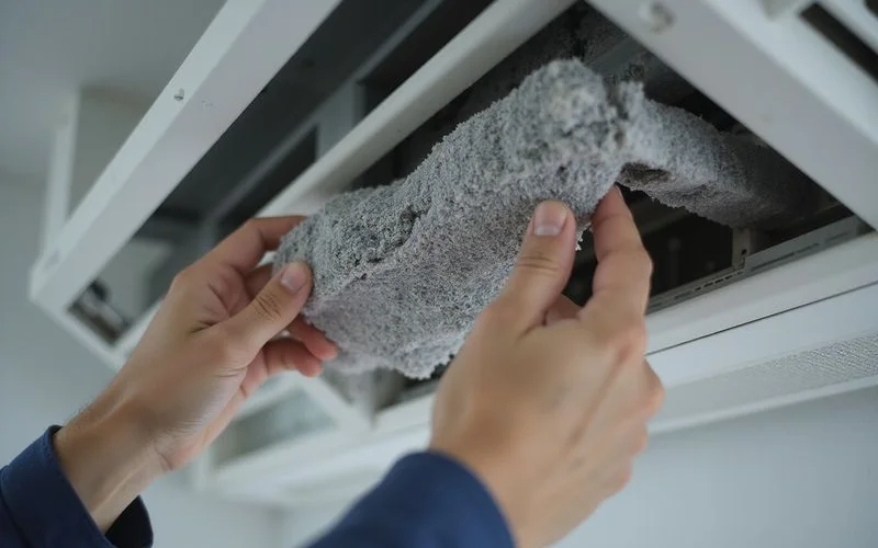 Annotated close up of a dirty aircon filter being removed for inspection natural light technician hands visible