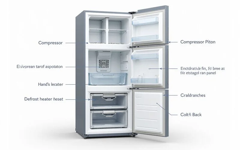 Annotated diagram showing fridge component locations compressor fan motors evaporator with cutaway view technical illustration