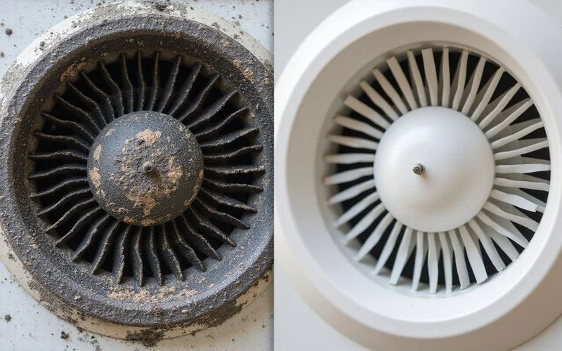 Before and after split image of dirty vs clean aircon blower wheel sharp daylight photography visible grime difference