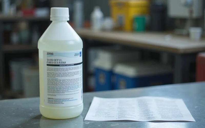 Bottle of professional aircon coil cleaner with safety data sheet visible clean workshop background honest chemistry