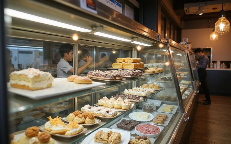Bright modern Damansara Uptown patisserie cafe with well maintained cake display chiller full of products running optimally