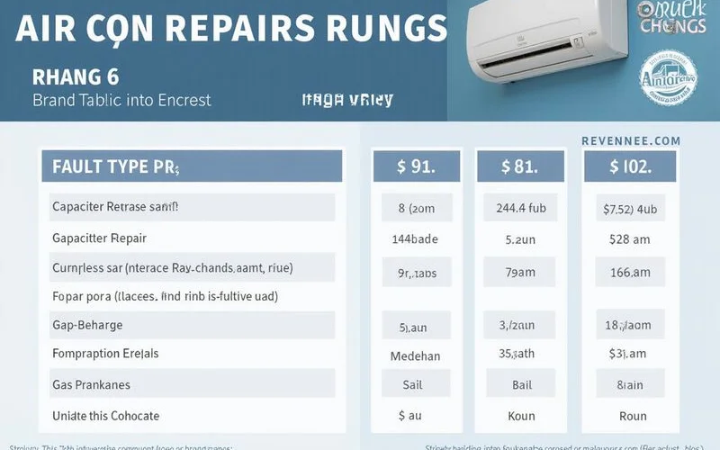 Clean infographic showing aircon repair price ranges by fault type with Malaysian ringgit currency capacitor compressor PCB gas