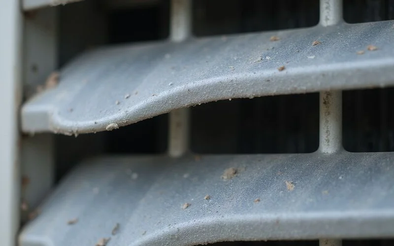 Close up of aircon condenser coil with heavy dust buildup from PJ haze before monsoon season detailed macro photography