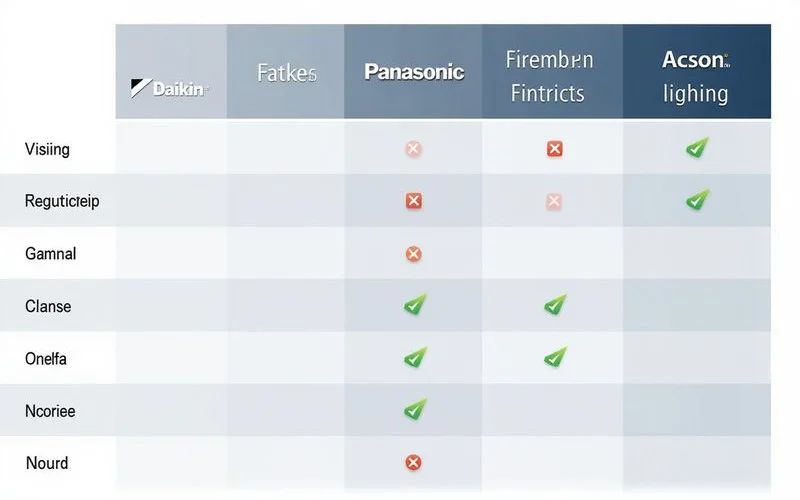 Comparison chart graphic of Daikin Panasonic Acson indoor unit indicator panels with labeled light positions brand by brand