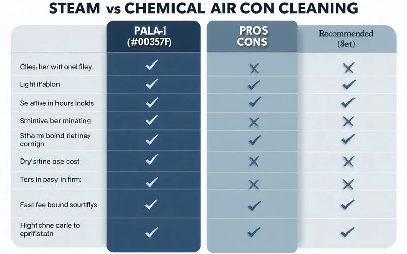 Comparison chart graphic showing pros and cons of steam vs chemical aircon cleaning methods clean side by side table