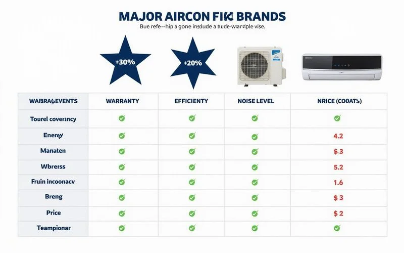 Comparison chart visual showing star ratings for warranty energy noise price across major aircon brands in Malaysia