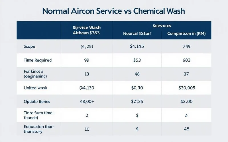 Comparison table graphic showing scope time price ranges for normal vs chemical aircon service clear side by side