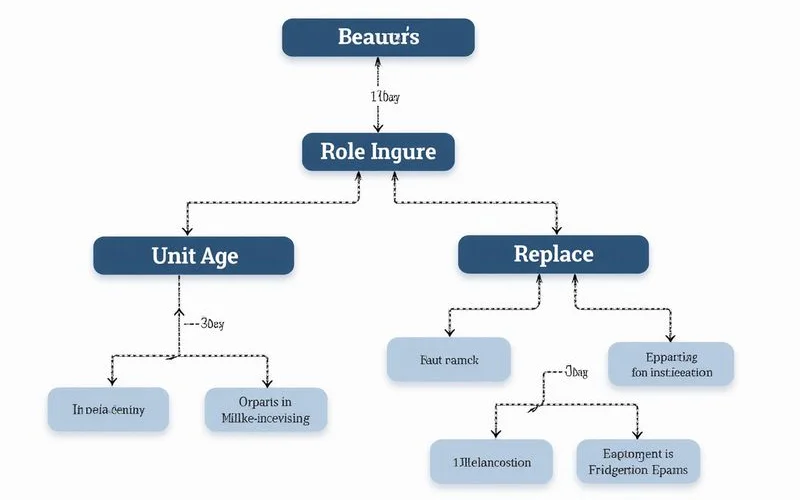 Decision flowchart graphic for residential fridge repair vs replace based on age and fault type clear typography