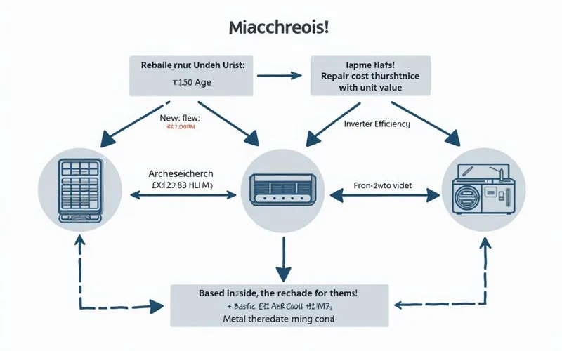 Decision flowchart graphic with clean typography showing repair vs replace decision based on unit age cost threshold inverter benefits