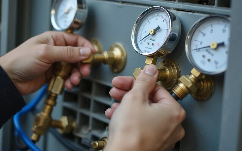 Hands holding refrigerant pressure gauges connected to aircon service valves focused technical close up honest diagnostic work
