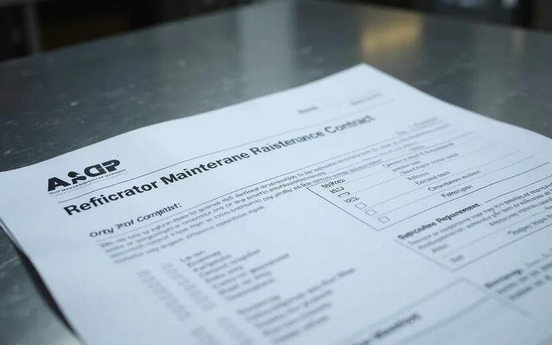 Maintenance contract document with HACCP checklist on commercial kitchen prep table professional B2B documentation