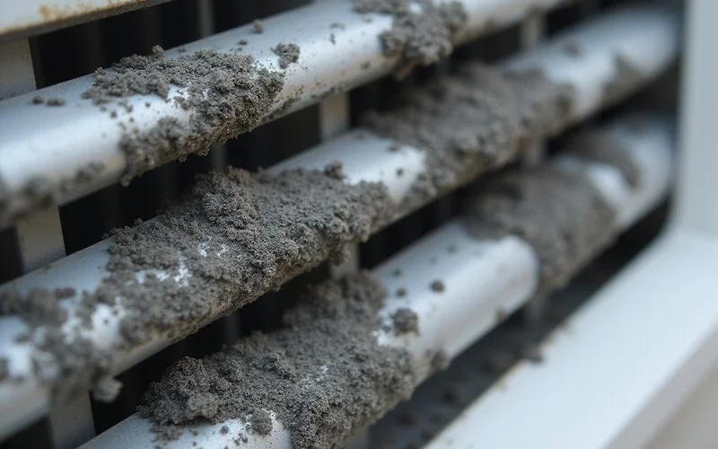 Mold and dust buildup inside an uncleaned aircon evaporator coil close up macro with natural light detailed buildup