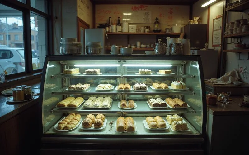 Open cake display chiller with full inventory of desserts visible during late night emergency repair visit at SS2 cafe