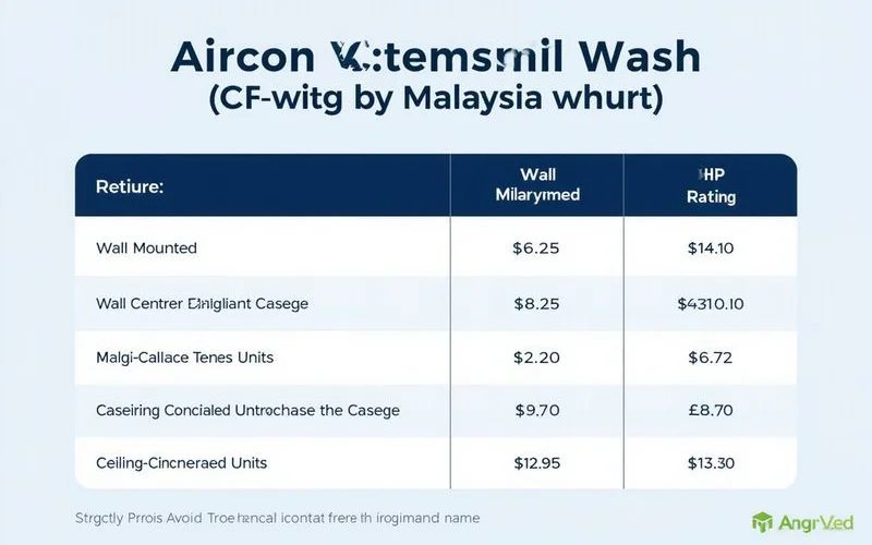 Price table infographic showing aircon chemical wash costs by HP rating in Malaysian ringgit wall cassette ceiling