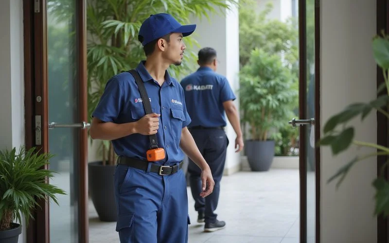 Technician arriving at Kota Damansara Surian Residences condo entrance with toolbox ready for aircon service visit daytime
