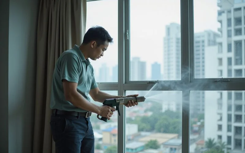 Technician clearing blocked aircon drain pipe with compressed air at condo balcony during pre monsoon service visit
