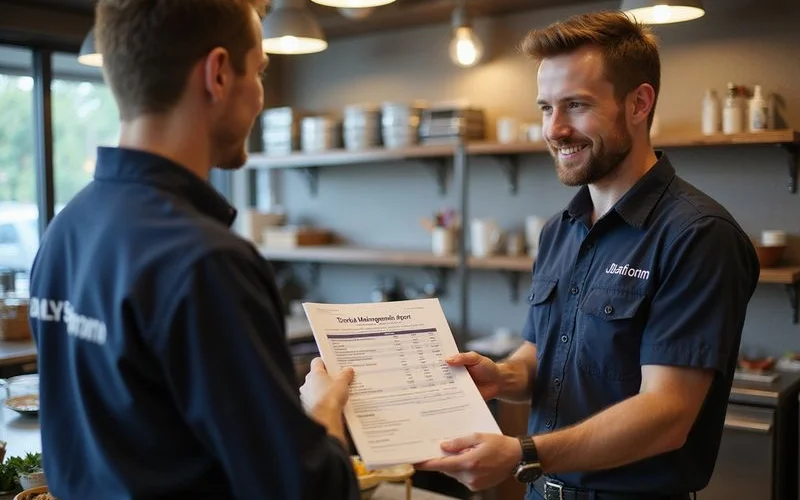 Technician handing printed HACCP compliant maintenance report to SS2 cafe owner in kitchen after quarterly visit complete