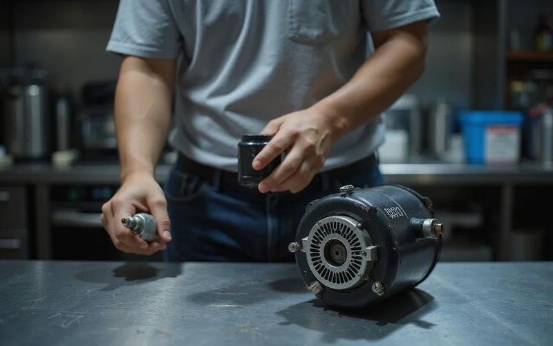 Technician holding failed condenser fan motor next to replacement part inside SS2 cafe kitchen late night honest swap