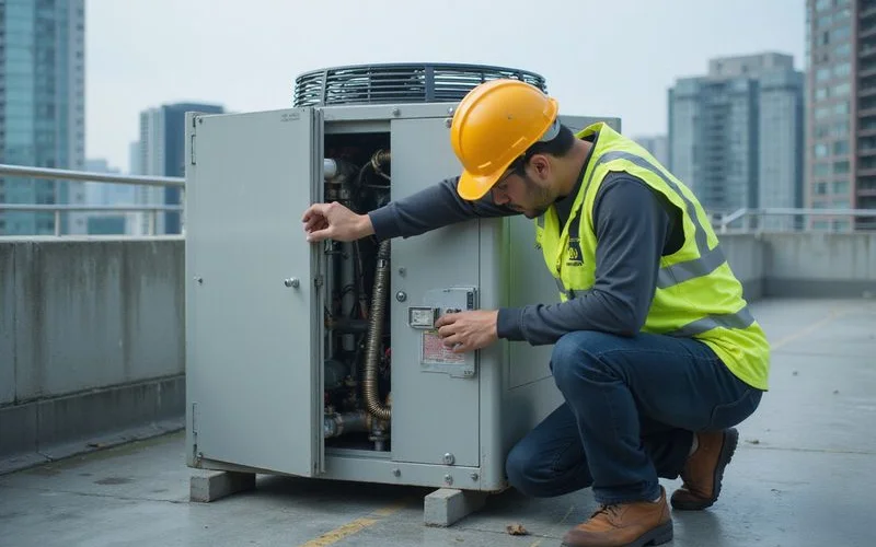 Technician in safety gear inspecting commercial chiller condenser unit on restaurant rooftop identifying fault root cause