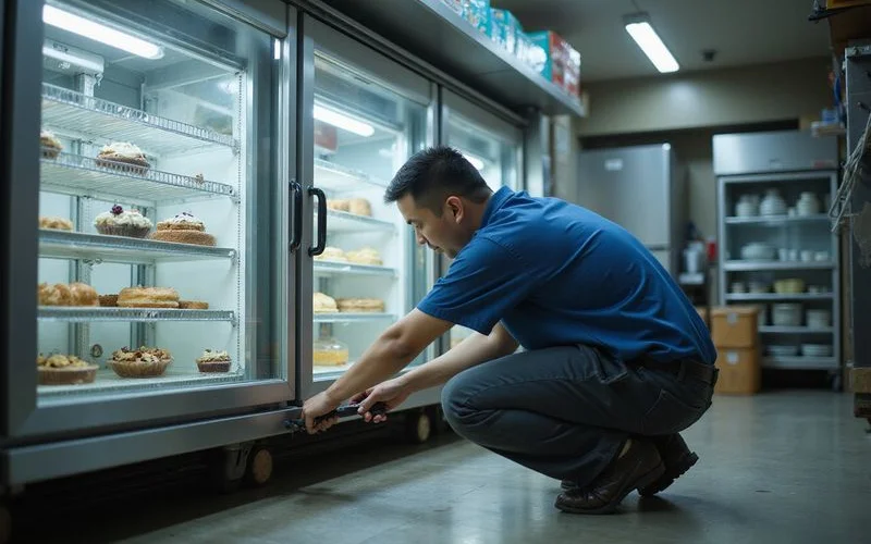 Technician inspecting condensate channel behind cake display fridge in small bakery identifying root cause commercial work