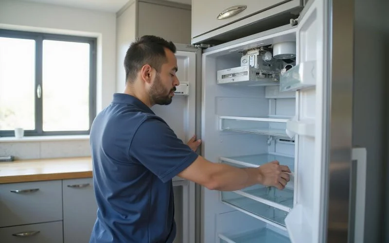 Technician removing back panel of fridge freezer to access evaporator fan daylight residential setting honest repair work