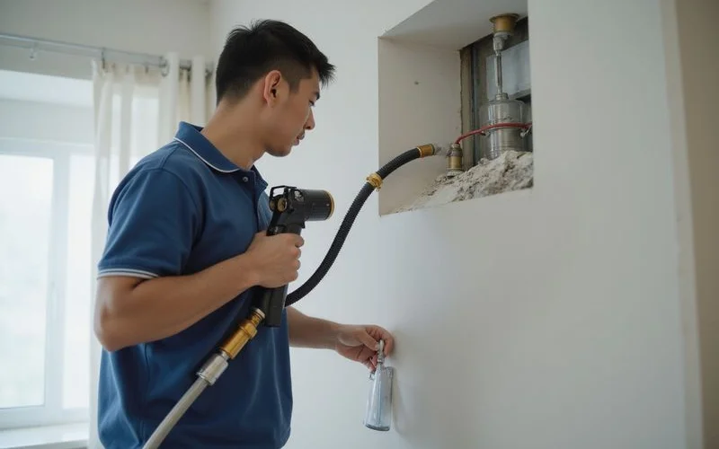 Technician using compressed air to clear a blocked aircon drain pipe behind an indoor unit during same day repair visit