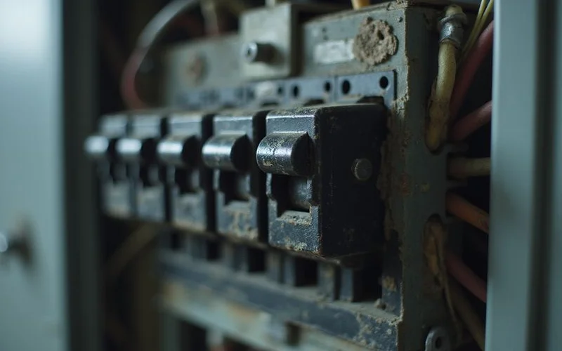 Tripped circuit breaker in commercial kitchen distribution board close up of breaker panel electrical safety concern