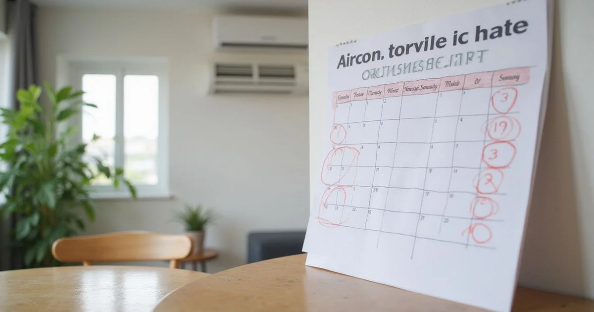 Calendar with marked aircon servicing dates and indoor unit in background