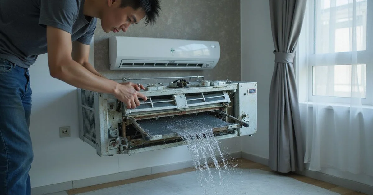 Dismantled aircon evaporator coil during chemical wash