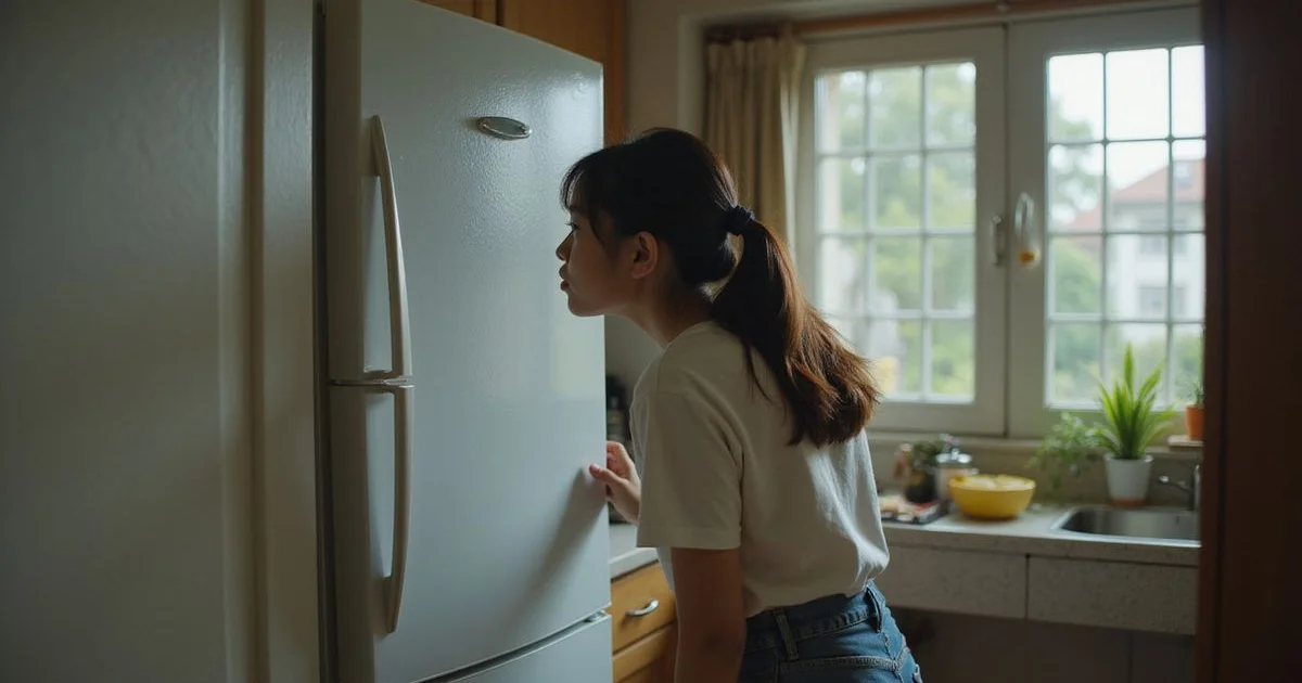 Family member listening to a noisy fridge in a Malaysian kitchen