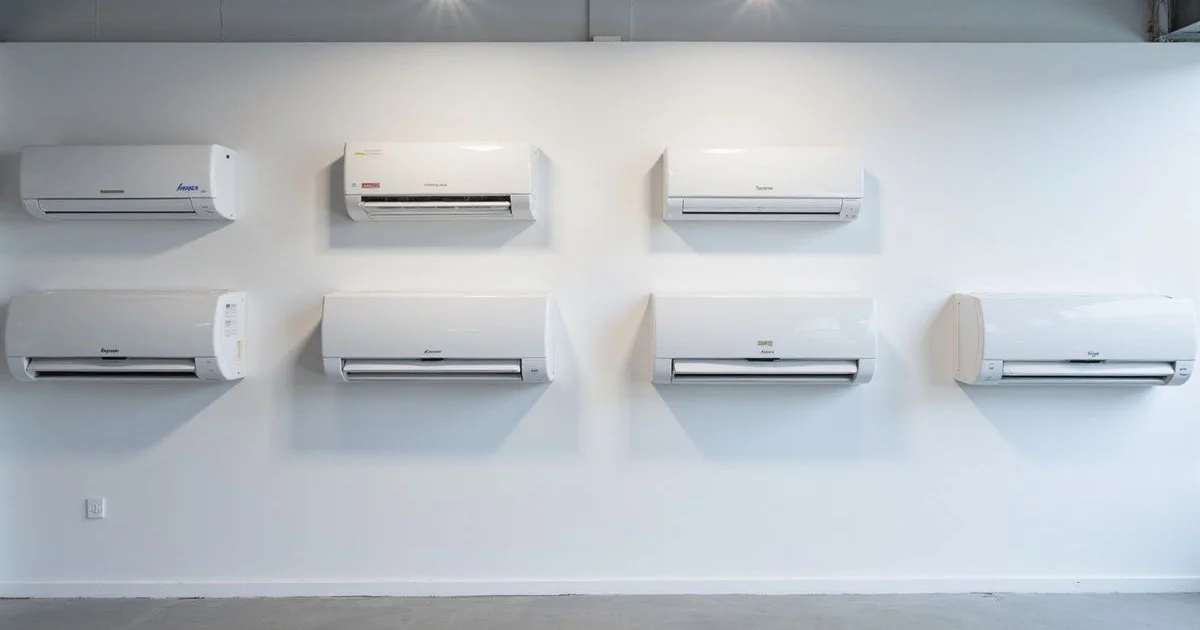 Daikin, Panasonic, Mitsubishi, and Acson aircon units displayed side-by-side