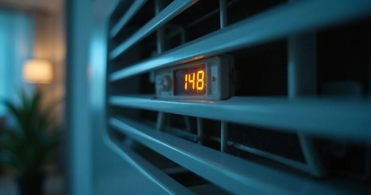 Close-up of an aircon timer light blinking at night in a PJ home