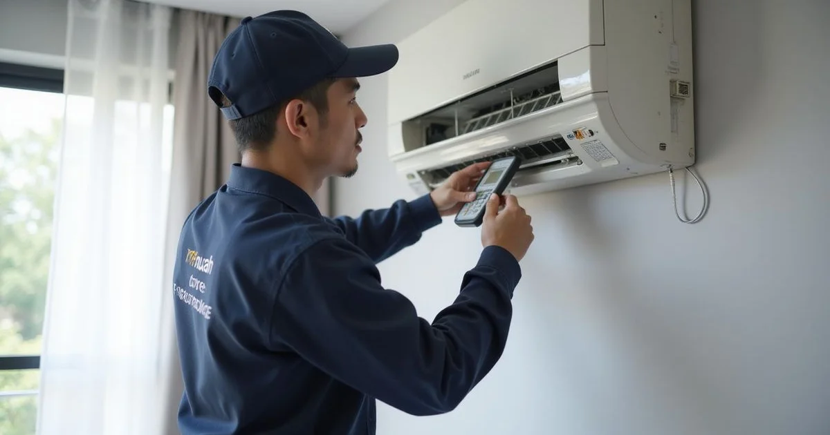 Chill Pro technician inspecting an indoor aircon unit in a Petaling Jaya living room