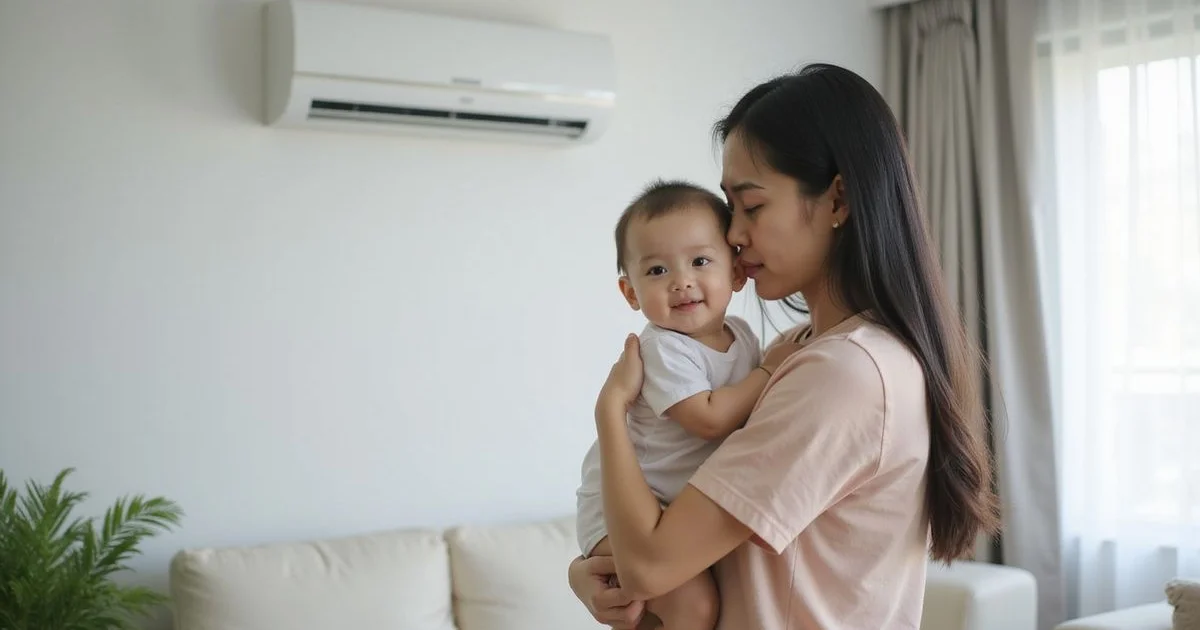 Mother and infant in a clean PJ living room with steam-cleaned aircon