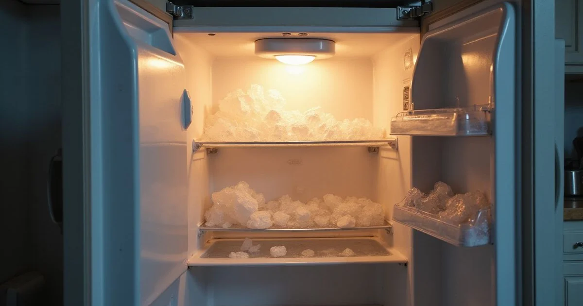 Open refrigerator with warm interior and frozen freezer above