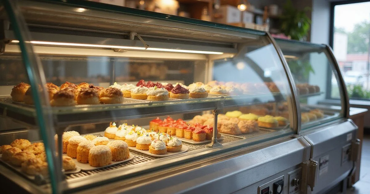 Cake display chiller with desserts in a bright PJ cafe