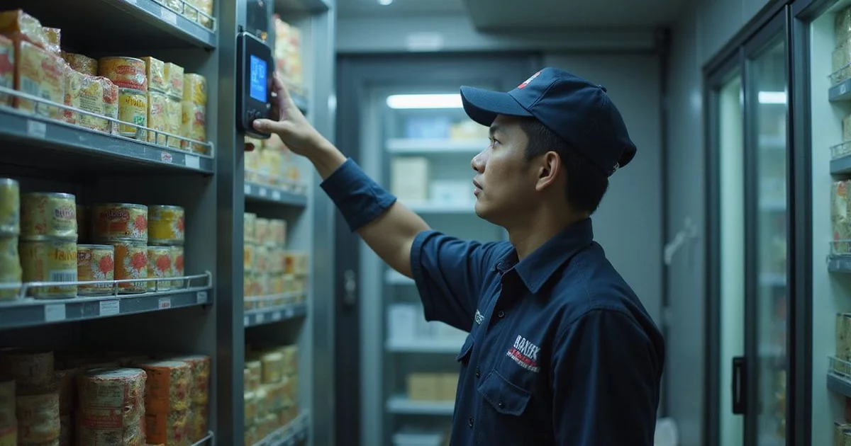 Restaurant walk-in chiller interior with technician checking temperature display