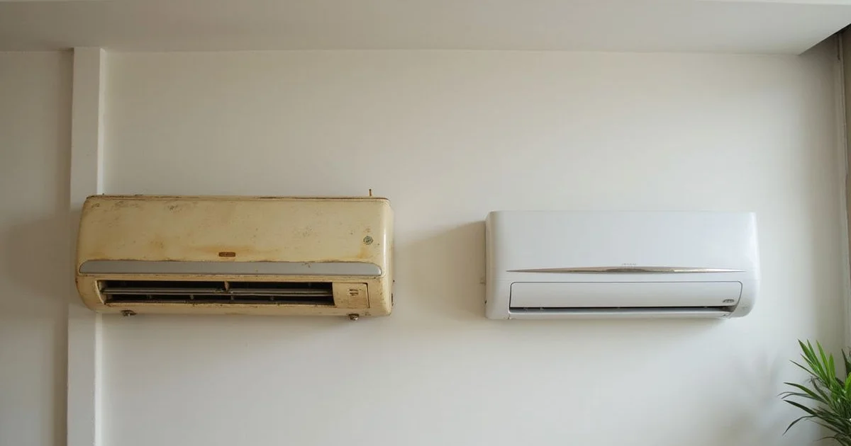 Old aircon unit next to a new inverter unit on a residential wall