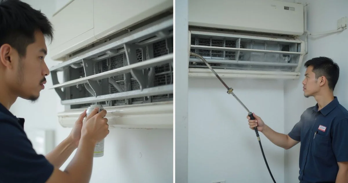 Two technicians demonstrating chemical and steam cleaning methods side-by-side