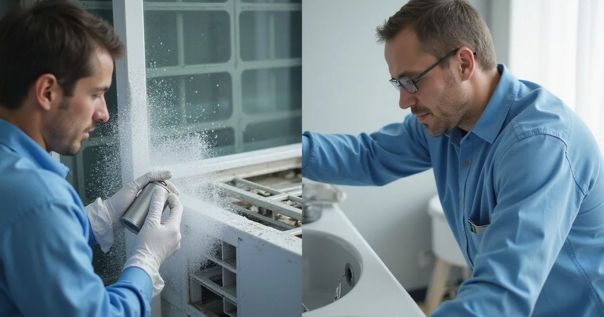 Split-screen comparison of normal aircon service vs chemical wash