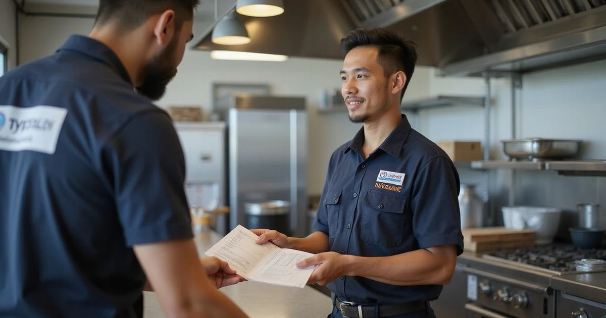 Technician handing a maintenance report to a restaurant manager