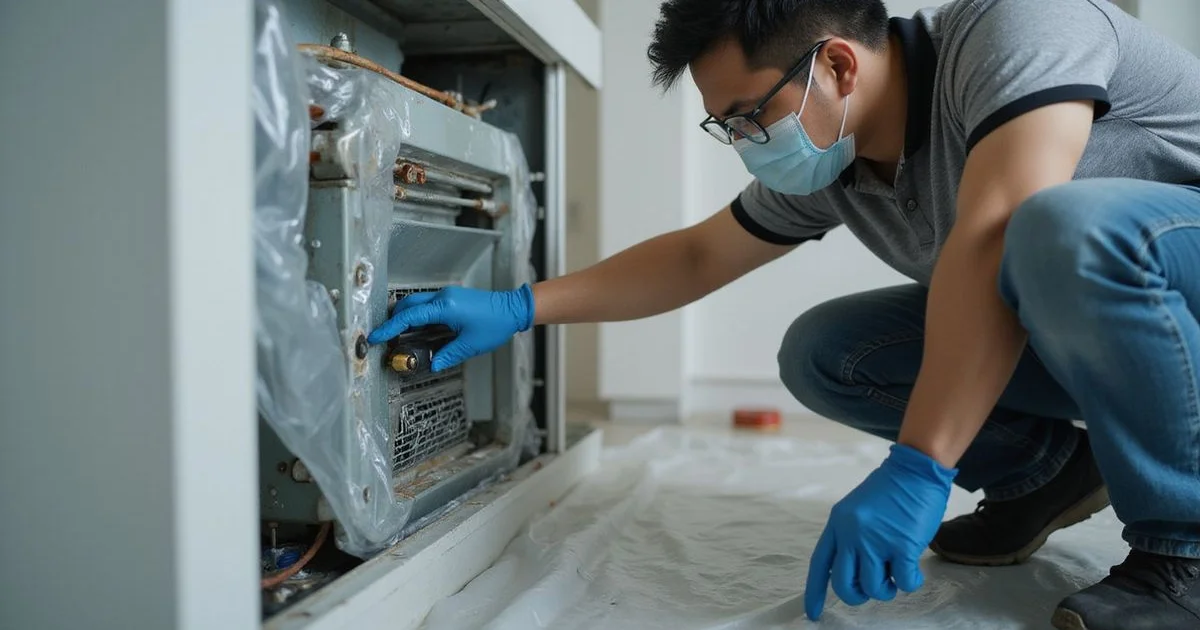 Technician in PPE applying coil cleaner with drop sheets protecting the floor
