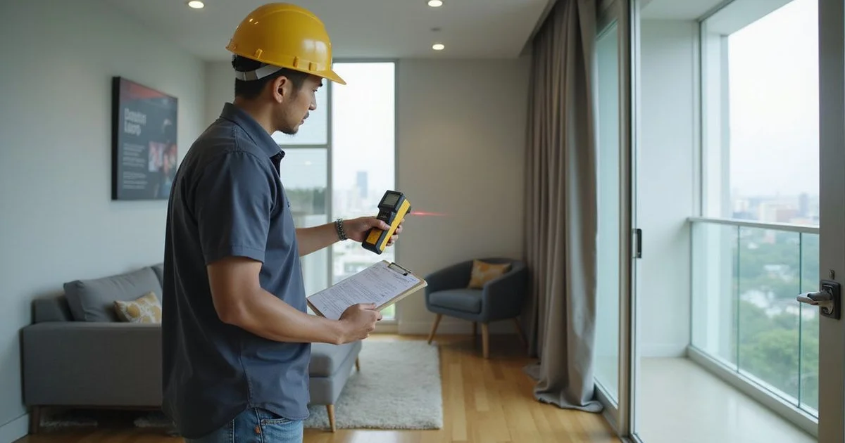 Technician measuring a living room for aircon HP sizing