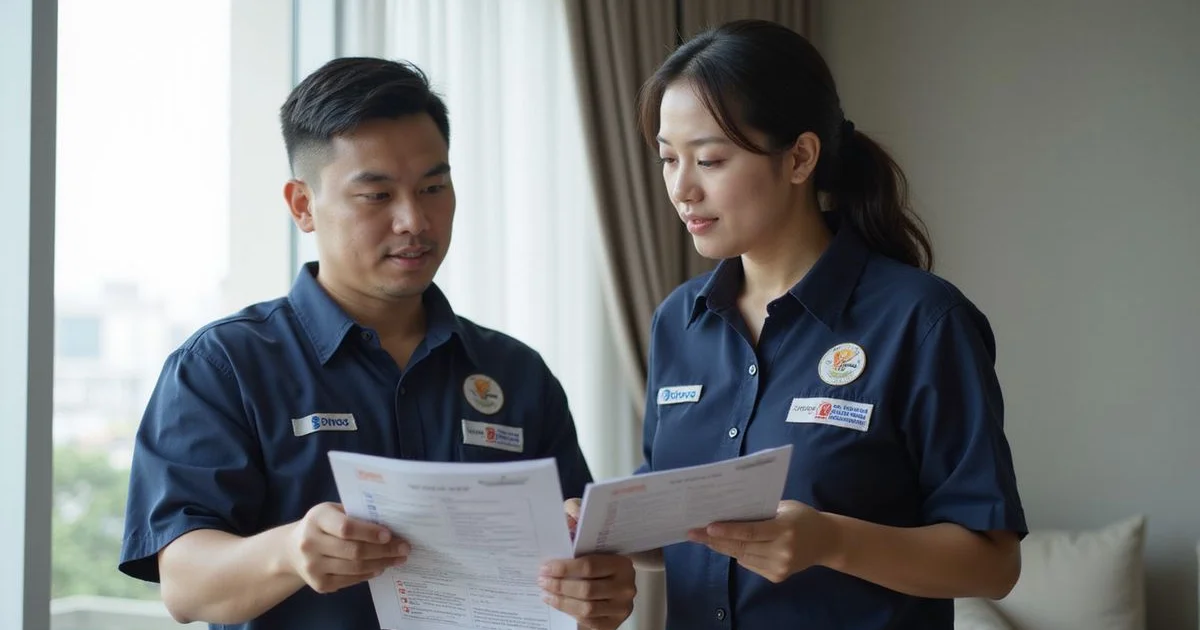 Technician showing chemical wash pricing to a customer in a Malaysian condo