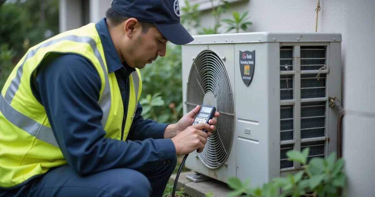 Technician using an electronic refrigerant leak detector on a PJ outdoor aircon unit