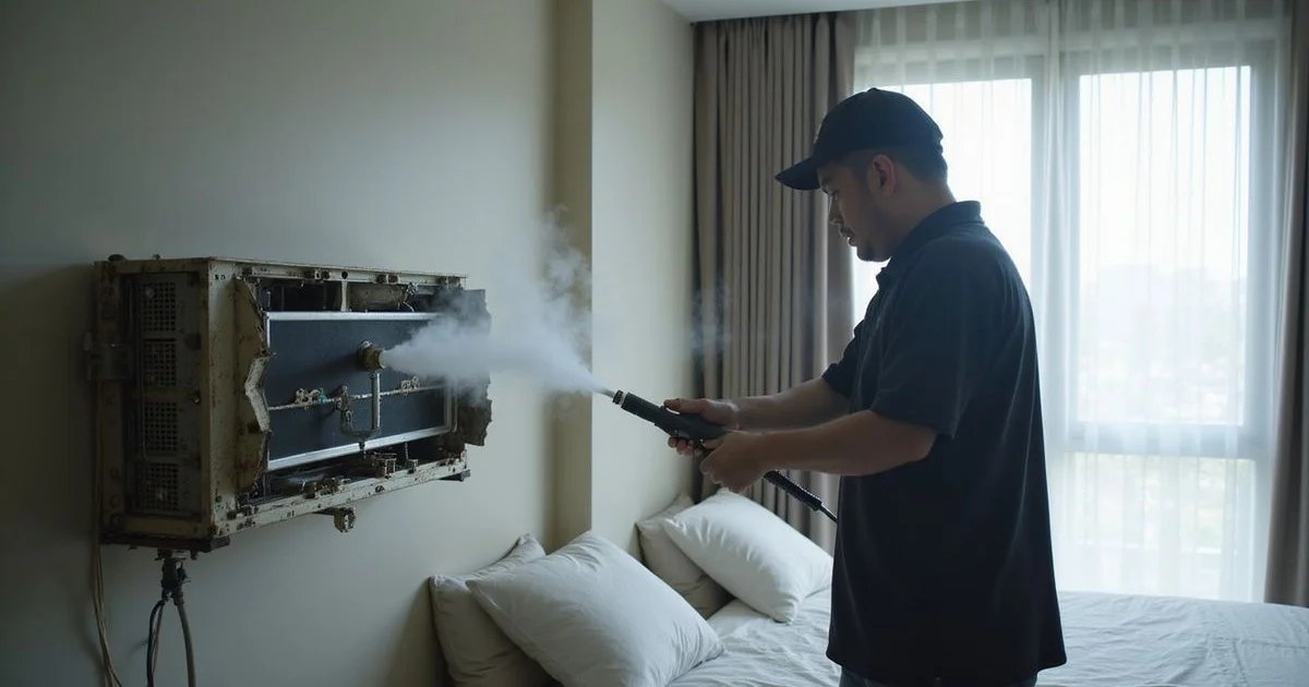 Technician using an industrial steam wand on a dismantled aircon evaporator coil