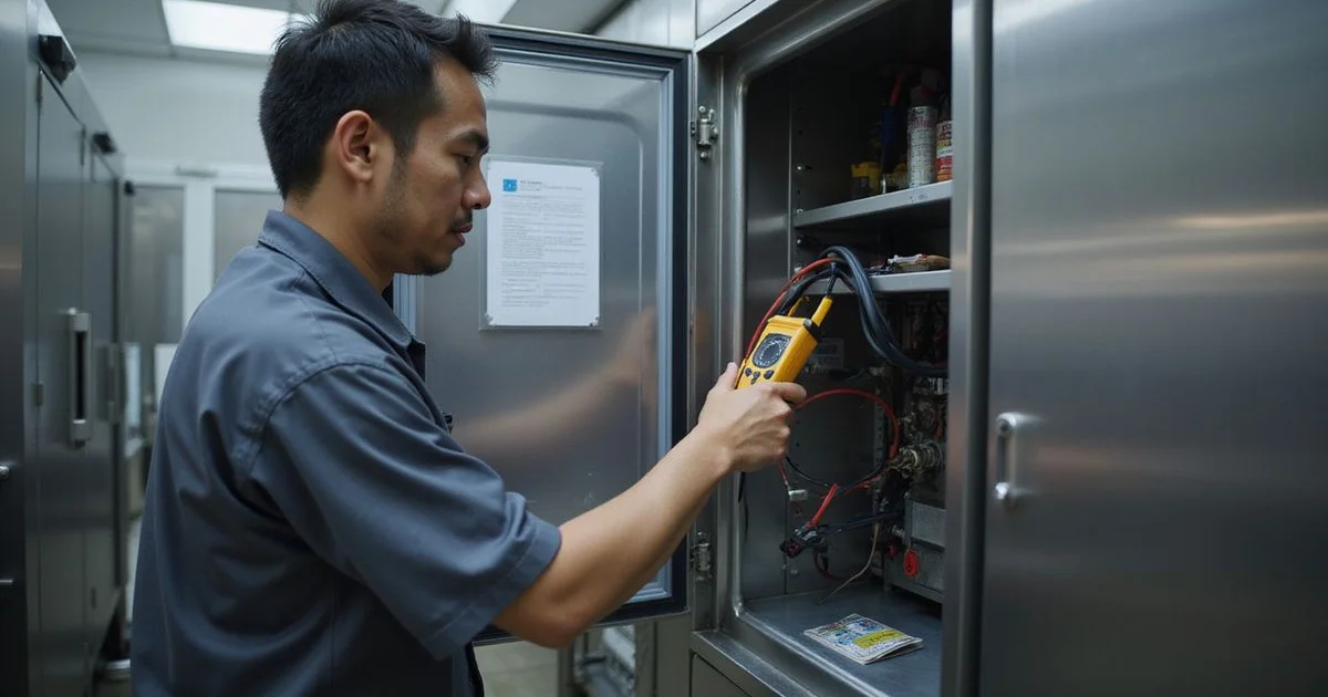 Technician using a multimeter clamp on a commercial freezer compressor power lead
