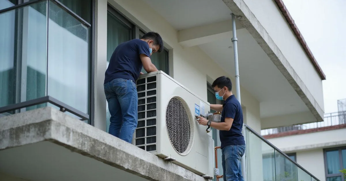 Technicians installing a new split aircon on a Malaysian condo balcony