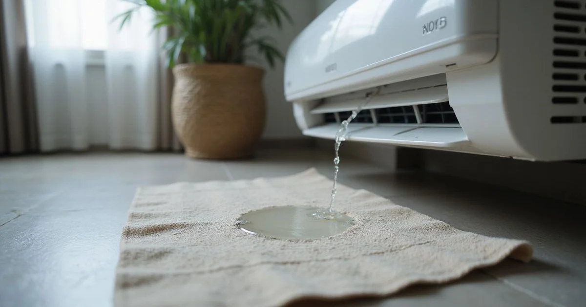 Water dripping from an indoor aircon onto a towel on a living-room floor